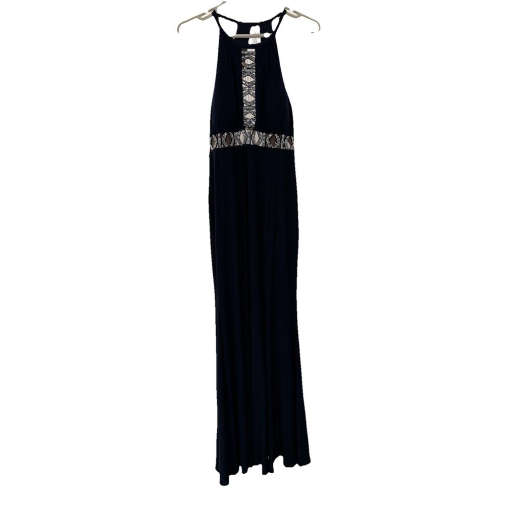 XSCAPE Navy Beaded Halter Gown — Size 12 — Worn Once for Prom-measurements below